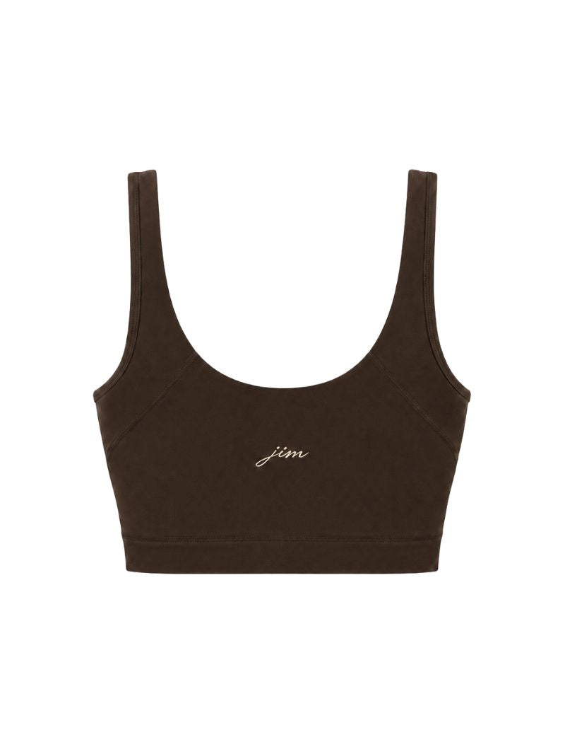 Damski crop top sportowy w ciemnym brązie z serii Grace - elastyczny
materiał wyszczuplający sylwetkę